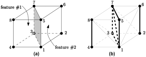 Figure 8. (a) Two adjacent 3D features (both triangular prisms) sharing a surface (in grey). (b) The two features tetrahedralized with the seven REs in bold black.