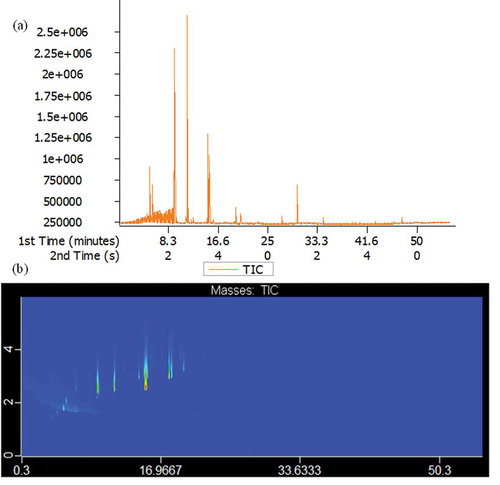 Figure 6. Total ion flow chromatography 1D (a) and 2D (b) of dorsal meat extracted by HS-SPME and analyzed by GC×GC-TOFMS.