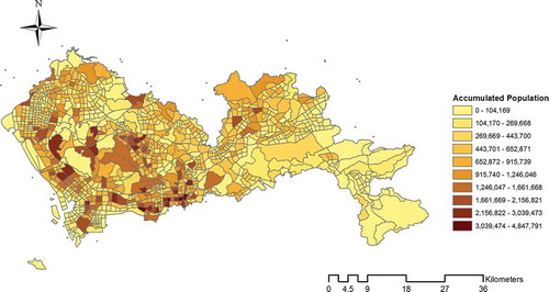 Figure 2. Geographic variation in 24-hour accumulated population in the study area (TAZ-based).