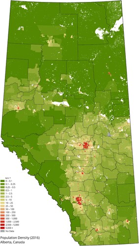 Figure 1. 2021 Population density of Alberta. Note: The data for this figure is from “Population and dwelling counts: Canada, provinces and territories, census subdivisions and dissemination areas”, by Statistics Canada (Citation2022). Statistics Canada Open Licence.