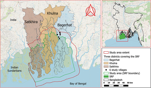 Figure 1. Study area: The Sundarbans Reserve Forest (SRF) and study area extent (SRF plus a 10 km buffer zone).