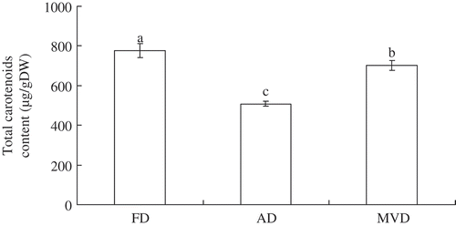 Figure 2. Effect of different drying methods on total carotenoid contents.