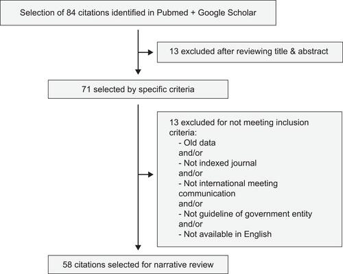 Figure 1 Literature search workflow diagram. From the initially identified citations, they were finally selected 58 meeting the inclusion criteria and responded to the following question using the PICO framework: “How does the use of pens/autoinjectors versus other forms of injection affect medication adherence and perceptions of patients with RA receiving long-term therapies”.