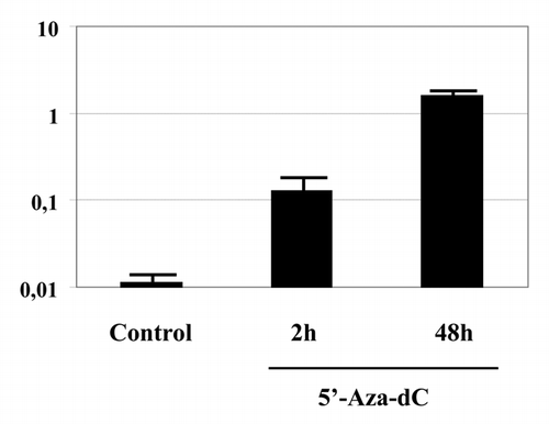 Figure 3 Incorporation (cpm) of radio labeled 5′-Aza-dC(6-3H) in the genomic DNA of HepG2 cells after 2 h and 48 h treatment.