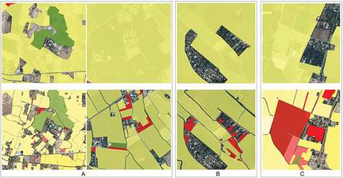 Figure 4. Examples of the more accurate land classification provided by the harmonized PUA Huertas dataset (below) and considering initial datasets (above): (a) new artificial and other land use areas, (b) new agricultural areas, and (c) new plasticulture crops areas.