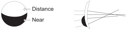 Figure 1 Diagram of an alternating vision RGP lens. The upper and lower parts of the lens provide distant and near vision, respectively.