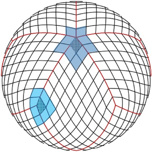 Figure A1. There are nine adjacent cells and seven adjacent cells distributed around the vertices of the initial subdivision of the icosahedral diamond grid. The red line is the initial diamond, and the black line is the level 3 icosahedral diamond grid.