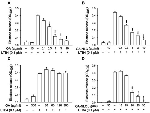 Figure 5 Effects of OA and OA-NLC on elastase release in LTB4-activated neutrophils.Notes: Human neutrophils (6×105 cells/mL) were pre-incubated with OA or OA-NLC and then activated with cytochalasin B (0.5 μg/mL) and LTB4 (0.1 μM) in the absence or presence of 0.1% BSA. (A, B) In the absence of BSA, elastase release was reduced by both OA and OA-NLC. (C, D) In the presence of BSA, only OA-NLC inhibited elastase release. Elastase release was detected spectrophotometrically using elastase substrate. Data are expressed as the mean ± standard error of the mean, n=6, **P<0.01, ***P<0.001, as compared to the control assay.Abbreviations: OA, oleic acid; OA-NLC, oleic acid within nanostructured lipid carriers; BSA, bovine serum albumin.