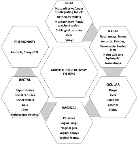 Figure 2. Suitability of various delivery systems at different mucosal sites according to their anatomical and physiological considerations. The numerous options present for drug delivery via these mucosal sites conclude the possibility for beneficial outcomes with exploring future of these routes.