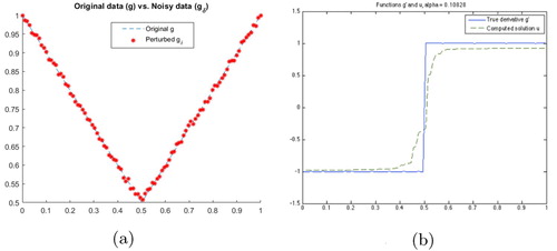 Figure 4. (a) Noisy data for Example 7.4 and (b) total variation regularization from [Citation1].