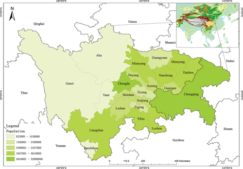 Figure 1. Study area: 22 cities in Sichuan Province and Chongqing municipality.