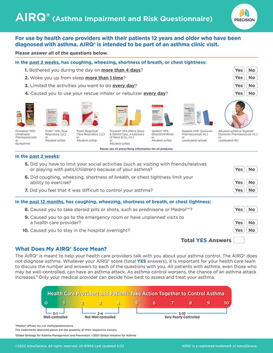 Figure 1 Asthma Impairment and Risk Questionnaire (AIRQ®). AIRQ® is a trademark of AstraZeneca. The AIRQ® is reproduced with permission from AstraZeneca. AstraZeneca is the copyright owner of the AIRQ®. However, third parties will be allowed to use the AIRQ® free of charge. The AIRQ® must always be used in its entirety. Except for limited reformatting, the AIRQ® may not be modified or combined with other instruments without prior written approval. The ten questions of the AIRQ® must appear verbatim, in order, and together as they are presented and not divided on separate pages. All copyright and trademark information must be maintained as it appears on the bottom of the AIRQ® and on all copies. The layout of the final authorized AIRQ® may differ slightly, but the item wording will not change.