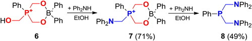 Scheme 6. Reaction of the dioxaborataphosphoniarinane 6 with Ph2NH.[Citation39]