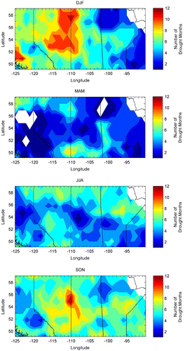 Fig. 2 Number of months that experienced drought (SPI ≤ –0.5) from September 1999–December 2004 for all four seasons.