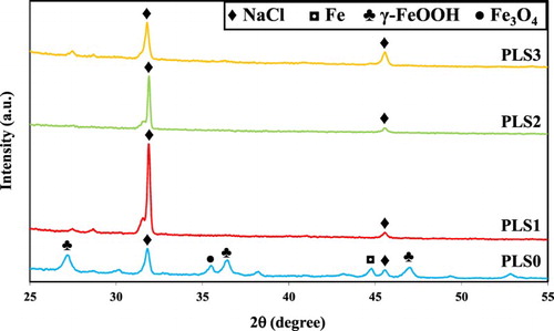 Figure 13. XRD patterns of the corrosion product layer on C1010 carbon steel in NaCl solution containing 0 to 3 vol.% PLS.