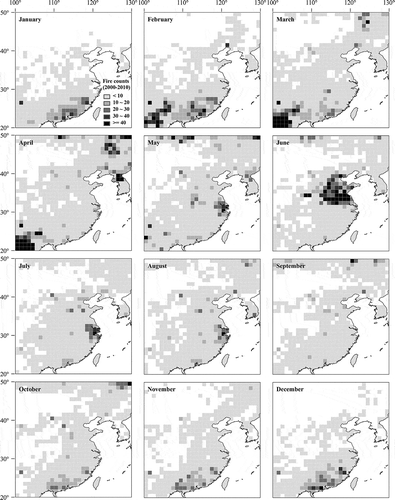 Figure 6. Monthly means of fire counts (2000–2010). Monthly mean counts of fires. The number of fires were spatially integrated by 1 degree grids. Most fires occurred from March to June, an spatially collective pattern was apparent in the far eastern area of China in June, ranging from 115°E to 130°E in longitude and from 30°N to 40°N in latitude.
