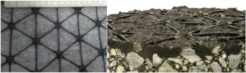 Figure 2. Geocomposite asphalt inter-layer AX5-GN with multiaxial structural reinforcement geogrid and non-woven fabric, before and after installation and saturation with bitumen.