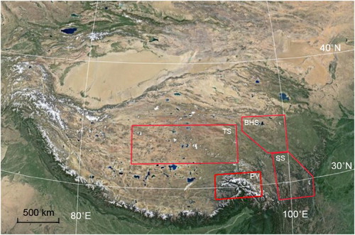 Figure 1. The study region covers the Parlung Zangbo Valley (PV), southeastern Tibetan Plateau. The extents of other glacial geomorphological maps, including Tanggula Shan (TS) by CitationMorén et al. (2011), Bayan Har Shan (BHS) by CitationHeyman et al. (2008), and Shaluli Shan (SS) by CitationFu et al. (2012).