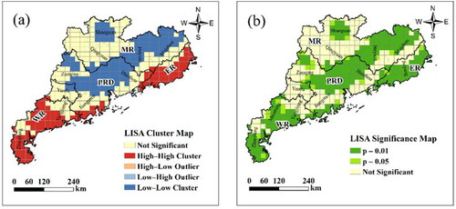 Figure 10. Local Moran statistics of the TC risk in Guangdong: (a) LISA cluster map, (b) LISA significance map.