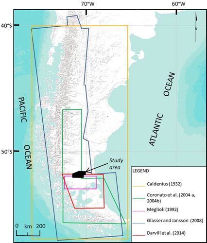 Figure 2. Map of southern South America showing the extent of regional maps made by previous authors and the area mapped in this study.