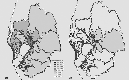 Figure 4. Atmospheric average (a) dry and (b) wet N deposition rates (kg N ha−1) for Tampa Bay and its watershed, by watershed basin and bay segment, from 2002 CMAQ model simulations.