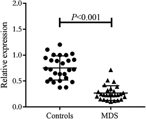 Figure 1. The relatively expression levels of A20 mRNA in PBMC from MDS patients (n = 27) and healthy controls (n = 27) by Quantitative Real-Time RT-PCR.