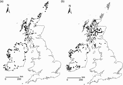 Figure 2. Geographical locations of 19th-century breeding records of (a) White-tailed and (b) Golden Eagles, by 10 km grid square.