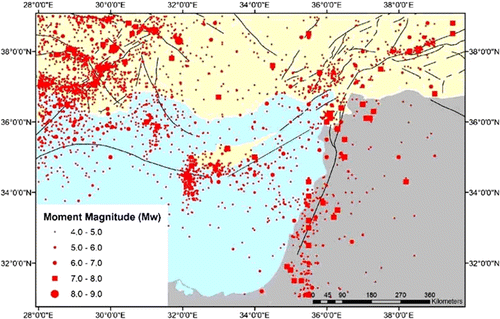 Figure 4.  Distribution of earthquakes in Cyprus from the antiquity (2150 B.C.) until 1995. Data Source: Geological Survey Department of Cyprus 1995.
