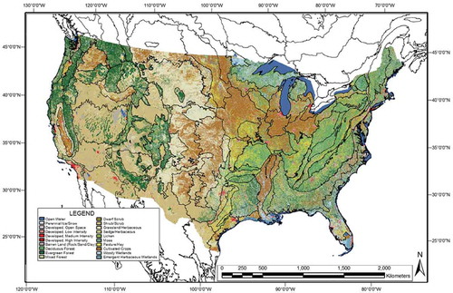 Figure 4. Reference USGS NLCD 2006 map of the CONUS. It is shown in the same scale and projection of the WELD 2006 composite depicted in Figure 6. Black lines across the USGS NLCD 2006 map represent the boundaries of the 86 EPA Level III ecoregions of the CONUS. The USGS NLCD 2006 map legend is shown on the left bottom side, also refer to Table 1.