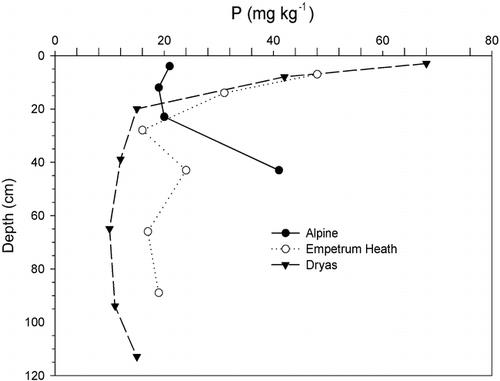 FIGURE 6. Extractable P contents by depth in selected alpine, Empetrum heath, and Dryas soils. Note higher amounts at the surface associate with organic matter except with the alpine soils, where P tends to decrease toward the surface