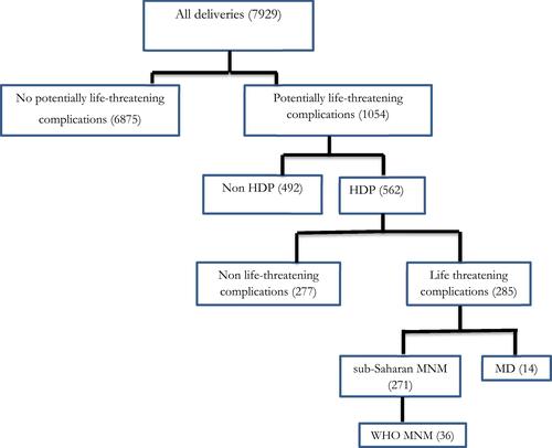 Figure 1 Flowchart of severe HDPs in eastern Ethiopia: comparing the original WHO and adapted sub-Saharan African MNM criteria.Abbreviations: HDPs, hypertensive disorders of pregnancy; WHO, World Health Organization; MNM, maternal near miss; MDs, maternal death.