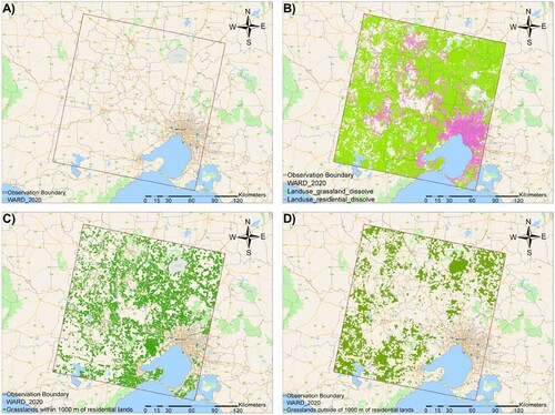 Figure 1. (A) Observation extent. (B) Grasslands and residential lands. (C) Grasslands within 1000 m of residential lands. (D) Grasslands outside of 1000 m of residential lands.