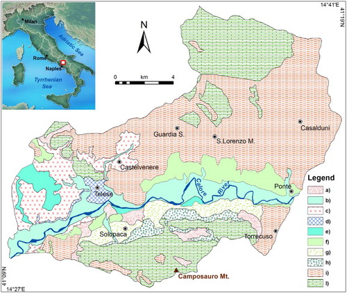 Figure 1. Location and lithology of the Lower Calore River Basin. (a) slope deposits (Holocene); (b) alluvial deposits (Holocene); (c) pyroclastic deposits (Upper Pleistocene-Holocene); (d) travertine (Upper Pleistocene-Holocene); (e) alluvial deposits (Upper Pleistocene); (f) alluvial deposits (Middle Pleistocene); (g) alluvial fan deposits (Middle Pleistocene); (h) slope deposits (Lower-Middle Pleistocene); (i) terrigenous deposits (Miocene-Pliocene); (l) calcareous rocks (Jurassic-Eocene).