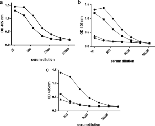 Figure 2. Validation of assay sensitivity and specificity to antigen preparations from A. actinomycetemcomitans.A) Homologous titration curves for serum from a patient with aggressive periodontitis colonized with the JP2 clone (serotype b) of A. actinomycetemcomitans in wells saturated with disintegrated serotype b bacterial antigen (●) and whole, formalin-treated serotype b bacteria (■), respectively. B) Comparative titration of sera from four microbiologically and clinically characterized individuals in an ELISA plate coated with an equivalent mixture of antigens from three strains of A. actinomycetemcomitans representing serotypes a, b, and c. The four sera were from a patient with aggressive periodontitis colonized with the JP2 clone of A. actinomycetemcomitans (●), a healthy individual colonized by a non-JP2 clone of A. a. (∎), two healthy individuals without detectable A.a. (▲,▼). C) Comparative titrations of a serum from a patient with aggressive periodontitis colonized with the JP2 clone (serotype b) of A. actinomycetemcomitans in ELISA wells coated with antigens from either A. actinomycetemcomitans serotype b (●), serotype a (∎), or serotype c (▲).