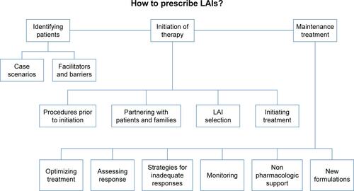 Figure S1 Organization of survey.Note: To simulate the treatment decision process, questions were organized into 3 main areas: identifying patients, initiation of therapy, and maintenance treatment.Abbreviation: LAI, long-acting injectable antipsychotic.