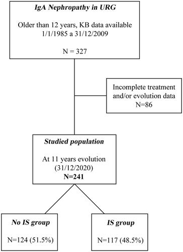 Figure 1. Algorithm with the studied population, immunosuppressive (IS), and no immunosuppressive (NoIS) groups.