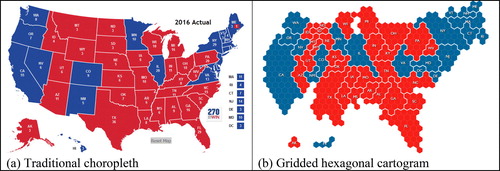 Fig. A2 Electoral Maps of 2016 U.S. presidential election: (a) traditional choropleth; (b) gridded hexagonal cartogram. Sources: (a) https://www.270towin.com/2016_Election/interactive_map; (b) https://gistbok.ucgis.org/bok-topics/2018-quarter-02/cartograms.