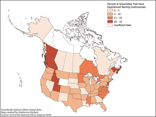 Figure 4 Universities that have experienced at least one naming controversy in Canada and the United States.