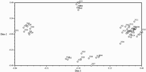 Figure 5. Associations among 44 accessions of C. maxima based on RAPD analysis. The accessions correspond with the designations listed in Table 1.