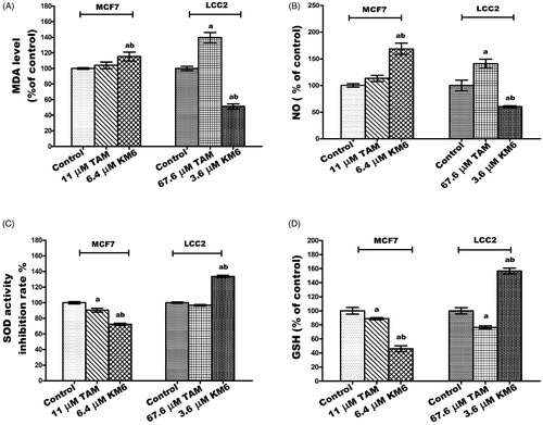 Figure 4. Effect of TAM and KM6 on oxidative stress markers (A) MDA, (B) NO, (C) SOD and (D) GSH in MCF7 and LCC2. Statistical significance of results was analysed using one-way ANOVA followed by Tukey’s multiple comparison test. aSignificantly different from control, b from TAM and (p < 0.05). TAM was used at IC 50 (11 µM for MCF7 and 67.6 µM for LCC2). KM6 was used at IC 50 (6.4 µM MCF7 and 3.6 µM for LCC2).