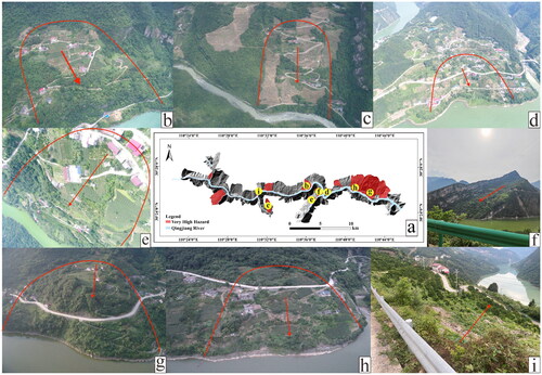 Figure 17. Combined landslides dynamic hazard prediction and field survey map, (a): predicted very high hazard areas, (b)-(i): pictures of typical landslides.