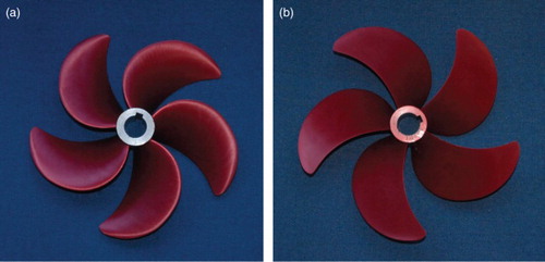 Figure 1. Experimental propeller model: (a) suction side, and (b) pressure side.