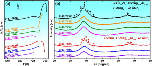 Figure 2. (a) DIL traces of Zr43Cu41Al8Ag8 and Zr47Cu37Al8Ag8 BMGs heating to different temperatures and (b) XRD patterns of water-cooled samples.