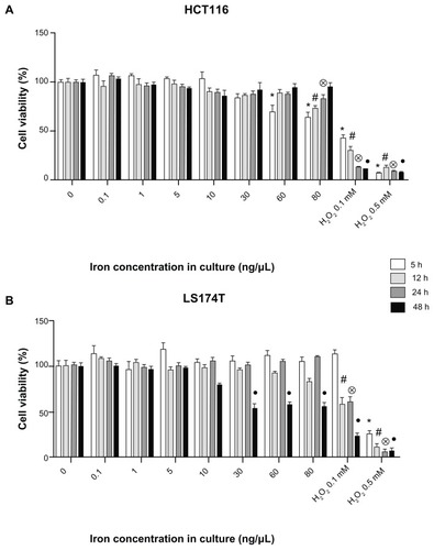 Figure 1 Evaluation of MF biocompatibility in human colorectal cancer cells. MTT assay in HCT116 (A) and LS174T (B) cells cultivated with MF at different iron concentrations.Notes: Data were normalized with the negative control (cells without treatment) and expressed as mean ± standard error of experiments performed in triplicate. Different symbols indicate statistical difference (P < 0.05) compared to the negative control in time 5 hours (*), 12 hours (#), 24 hours (⊗), and 48 hours (●). Cells cultivated with H2O2 (hydrogen peroxide at 0.1 and 0.5 mM) are positive control groups.Abbreviation: MF, magnetic fluid.