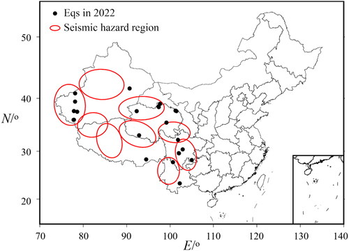 Figure 3. Seismic hazard regions made by the b value method and the earthquakes of magnitude 5.0 and above in Mainland China in 2022.