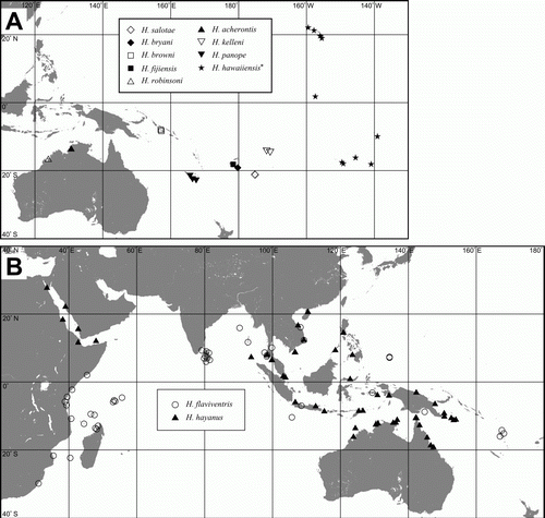 Figure 2.  A: Distributions of endemic species; Halobates acherontis, H. browni, H. bryani, H. fijiensis, H. kelleni, H. panope, H. robinsoni, H. salotae; * for ease of map plotting H. hawaiiensis with widespread distribution is included in this map while the endemic H. robustus to the Galapagos Is. and H. tethys to Mauritius are not included. B: Distributions of transoceanic species; H. flaviventris, H. hayanus.