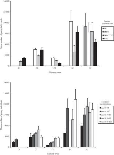 Figure 6. Distribution of juveniles into nursery areas in relation to the benthic communities (top panel) and the percentage of sandy component of the sediment (bottom panel).