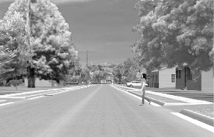 Figure 2 Single forward visual channel near view of mid-block pedestrian entering road.