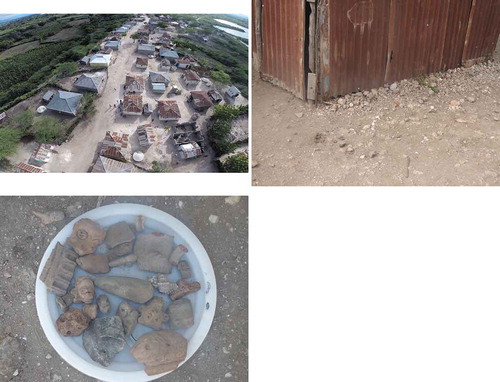 Figure 9. Clockwise from top left: (a) Village built on an archaeological site; (b) House on top of archaeological materials; (c) Archaeological objects appropriated by individuals for selling