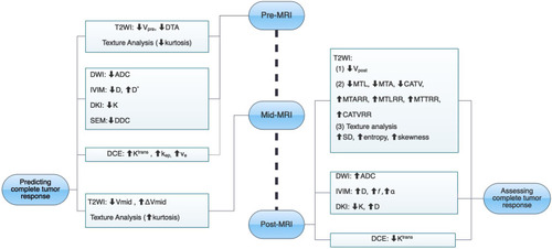 Figure 7 The summary chart of multiple MRI methods for predicting and assessing complete tumor response after neoadjuvant therapy in locally advanced rectal cancer.